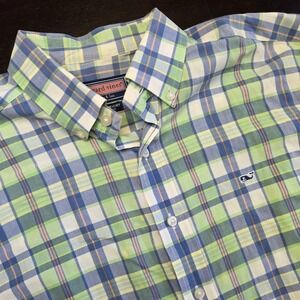 Vineyard Vines Whale Shirt Mens Medium Green Blue Plaid Cotton Button Down